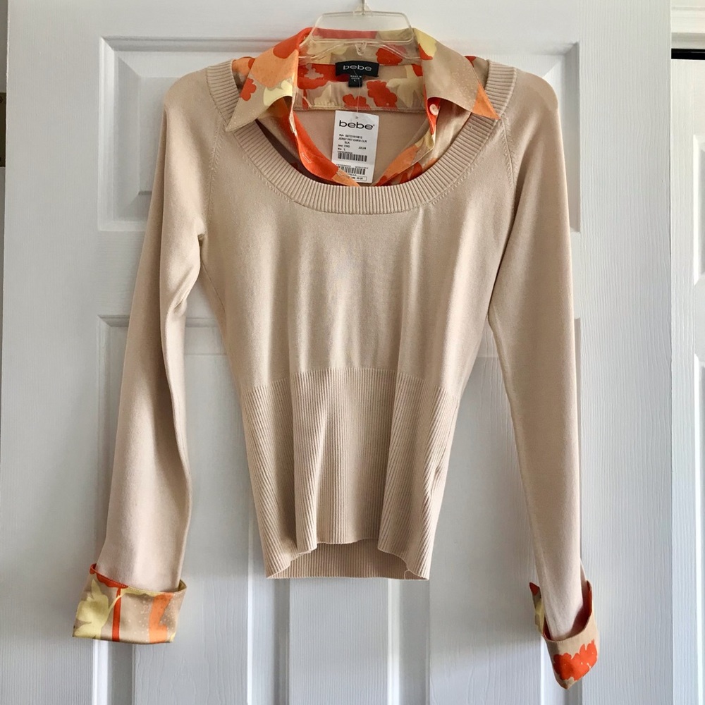 Bebe Cream Blouse with Floral Silk Collar-NWT
